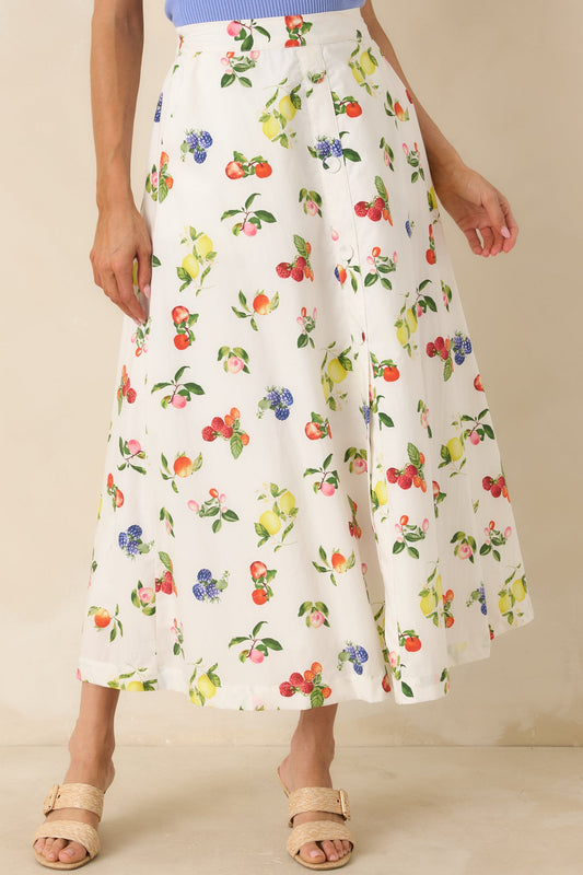 Pick of the Season White Multi Cotton Fruit Print Midi Skirt