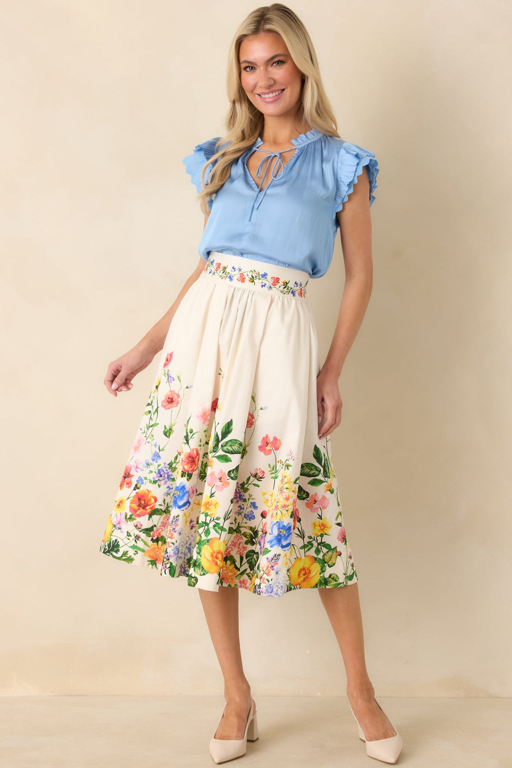 A Beautiful Arrangement Ivory Multi Floral Cotton Midi Skirt