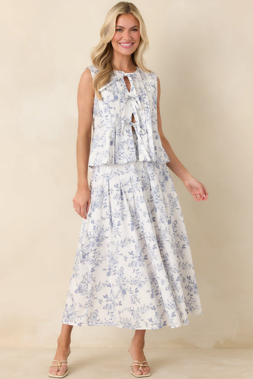 Once Upon a Daydream Blue & Ivory Floral Toile Cotton Tie-Front Top