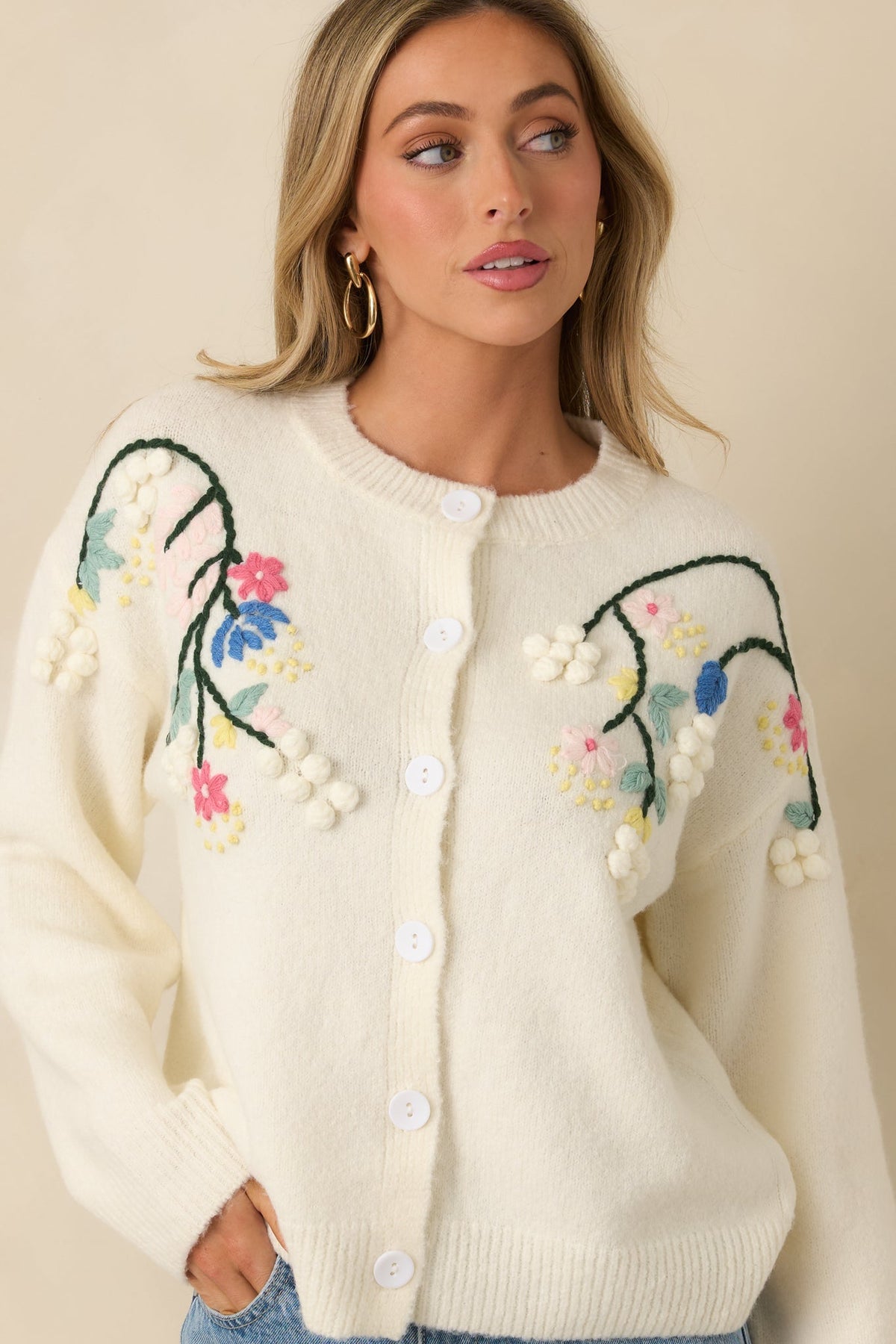 Where the Wildflowers Are Ivory Multi Knit Floral Embroidered Cardigan Sweater