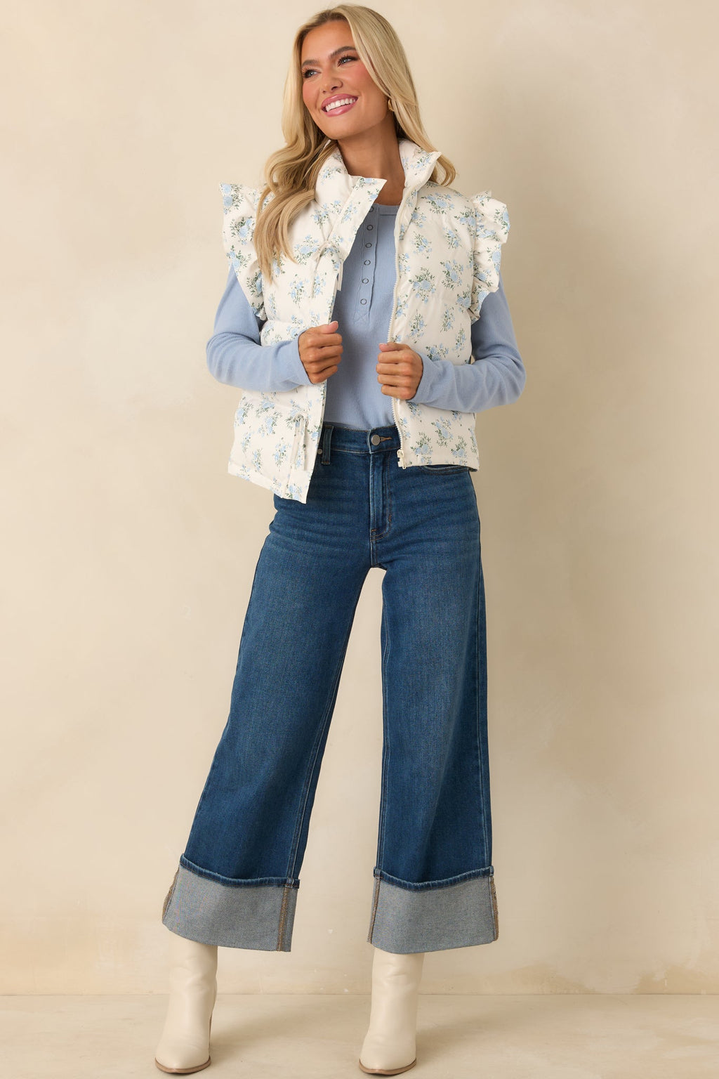 Glad You’re Here Ivory Multi Floral Pattern Puffer Vest