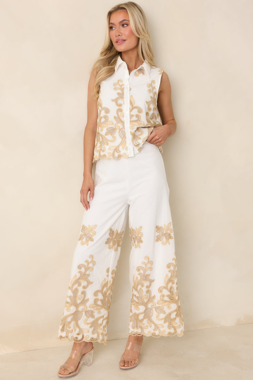 Kiss Me in Champagne Ivory Cotton Lace Applique Wide Leg Pants