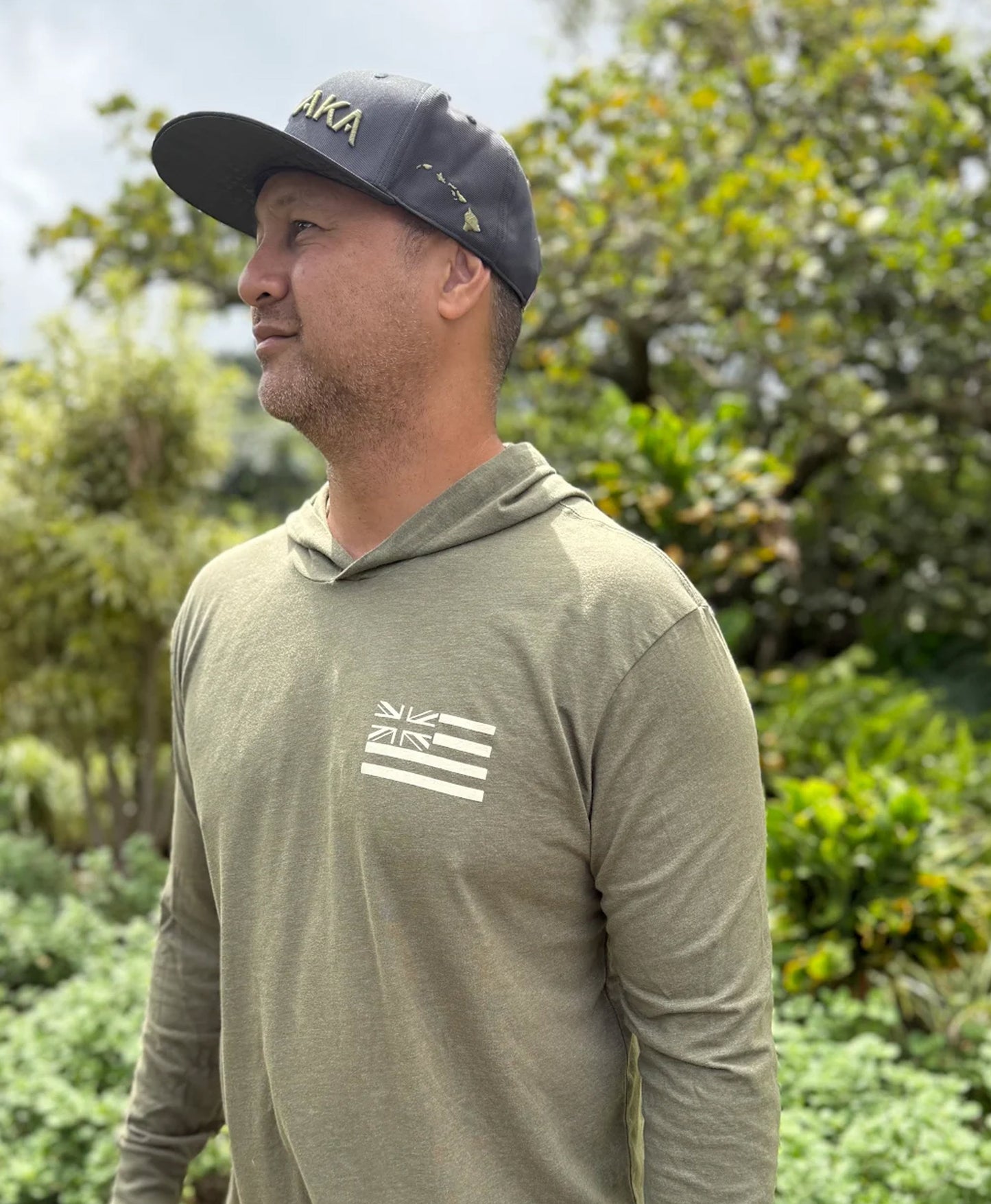 Keep Hawaiian Lands in Hawaiian Hands Cotton Blend Hooded Long Sleeve Beige on Olive