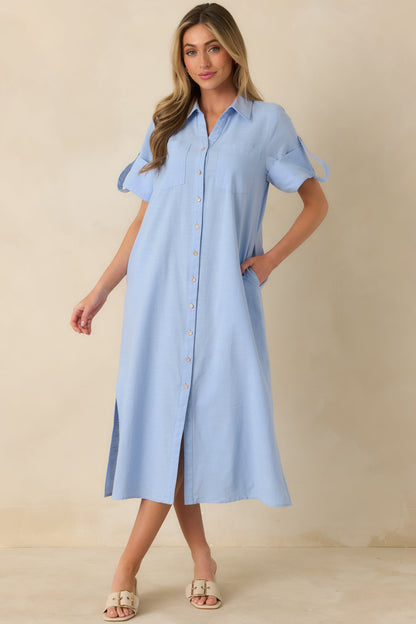 Show Me the Way Light Blue Cotton Button Front Midi Shirt Dress