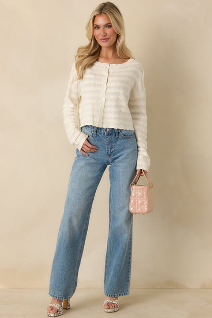 Away We Go Ivory Textured Knit Button Front Cardigan