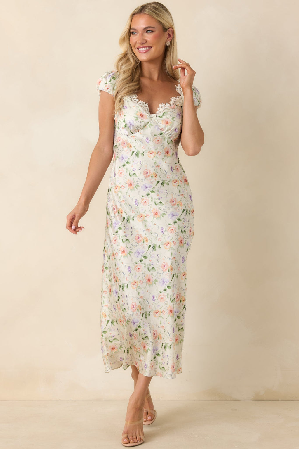 ASTR The Label Makaela Pale Green Multi Floral Lace Trim Midi Dress