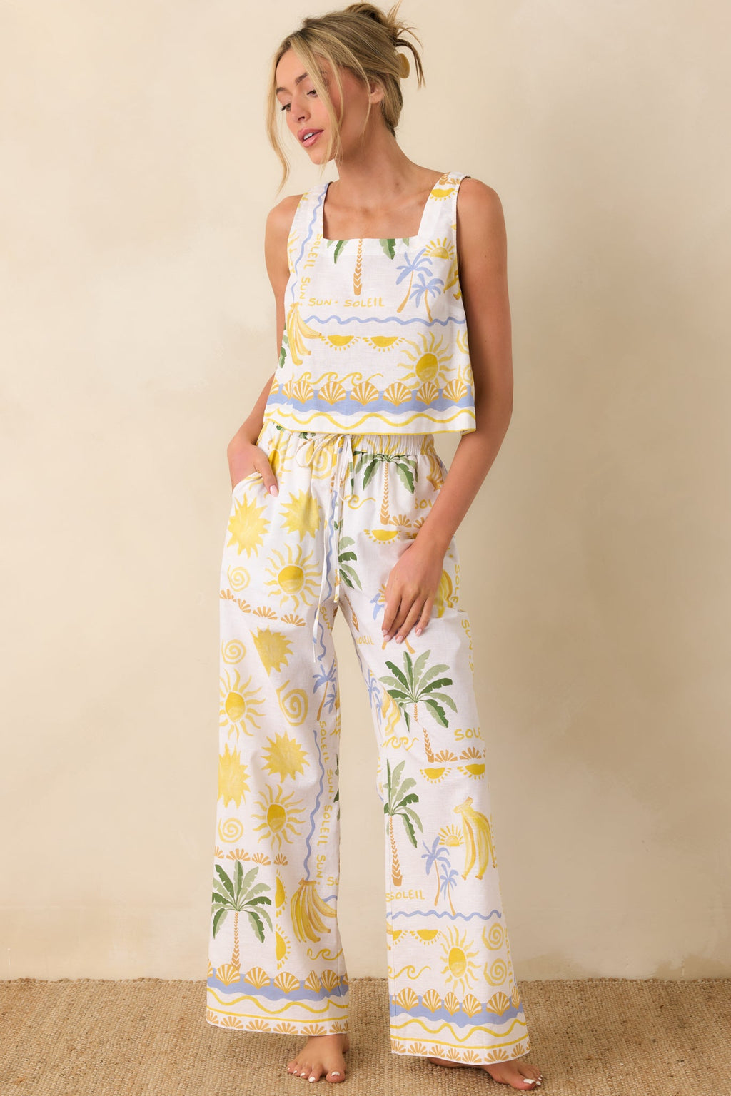 Paradisa Bahia Bay White Multi Linen Blend Tropical Print Tank Top