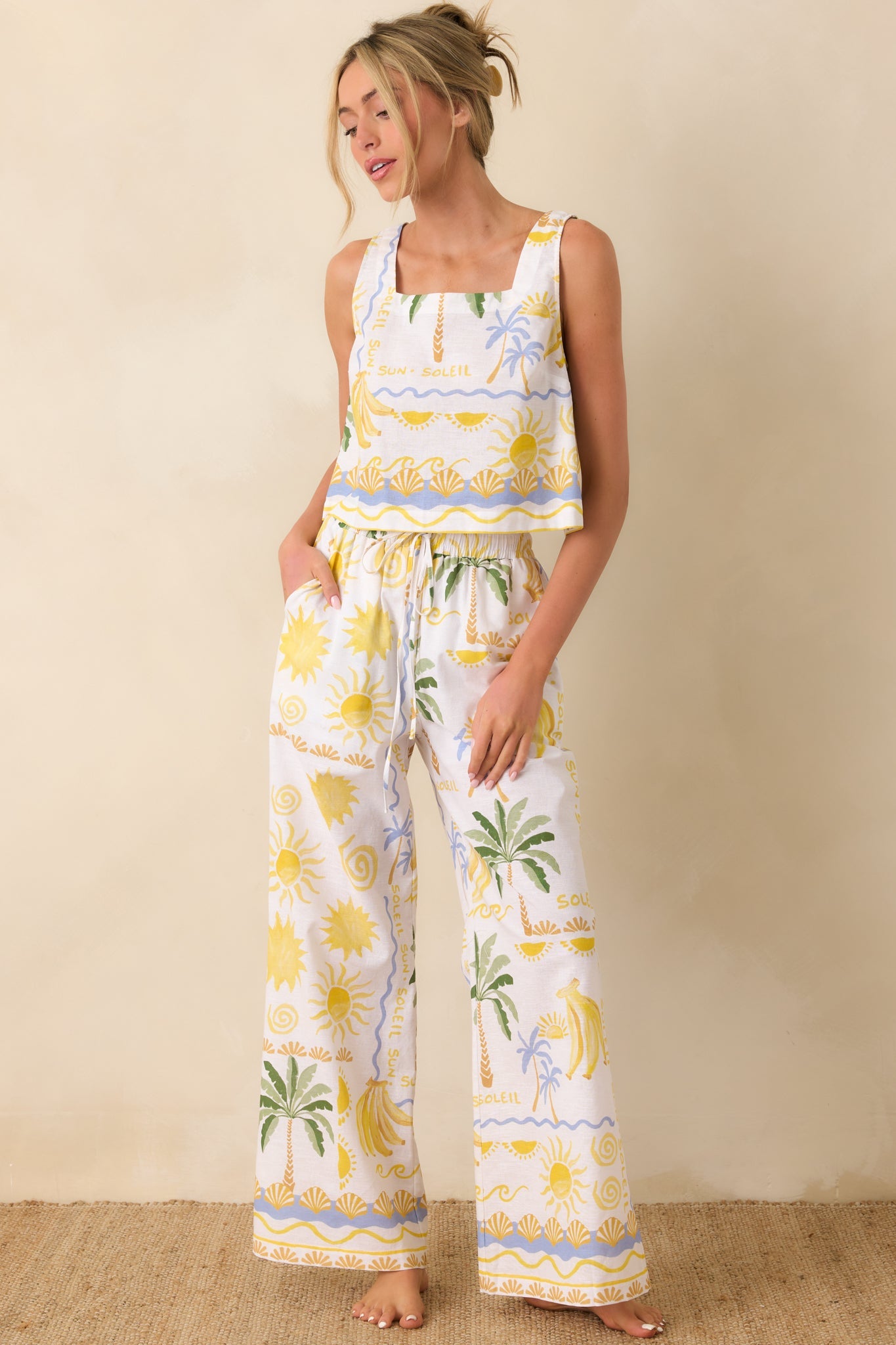 Paradisa Bahia Bay White Multi Linen Blend Tropical Print Tank Top