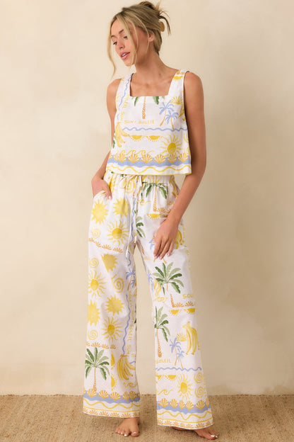 Paradisa Bahia Bay White Multi Linen Blend Tropical Print Tank Top