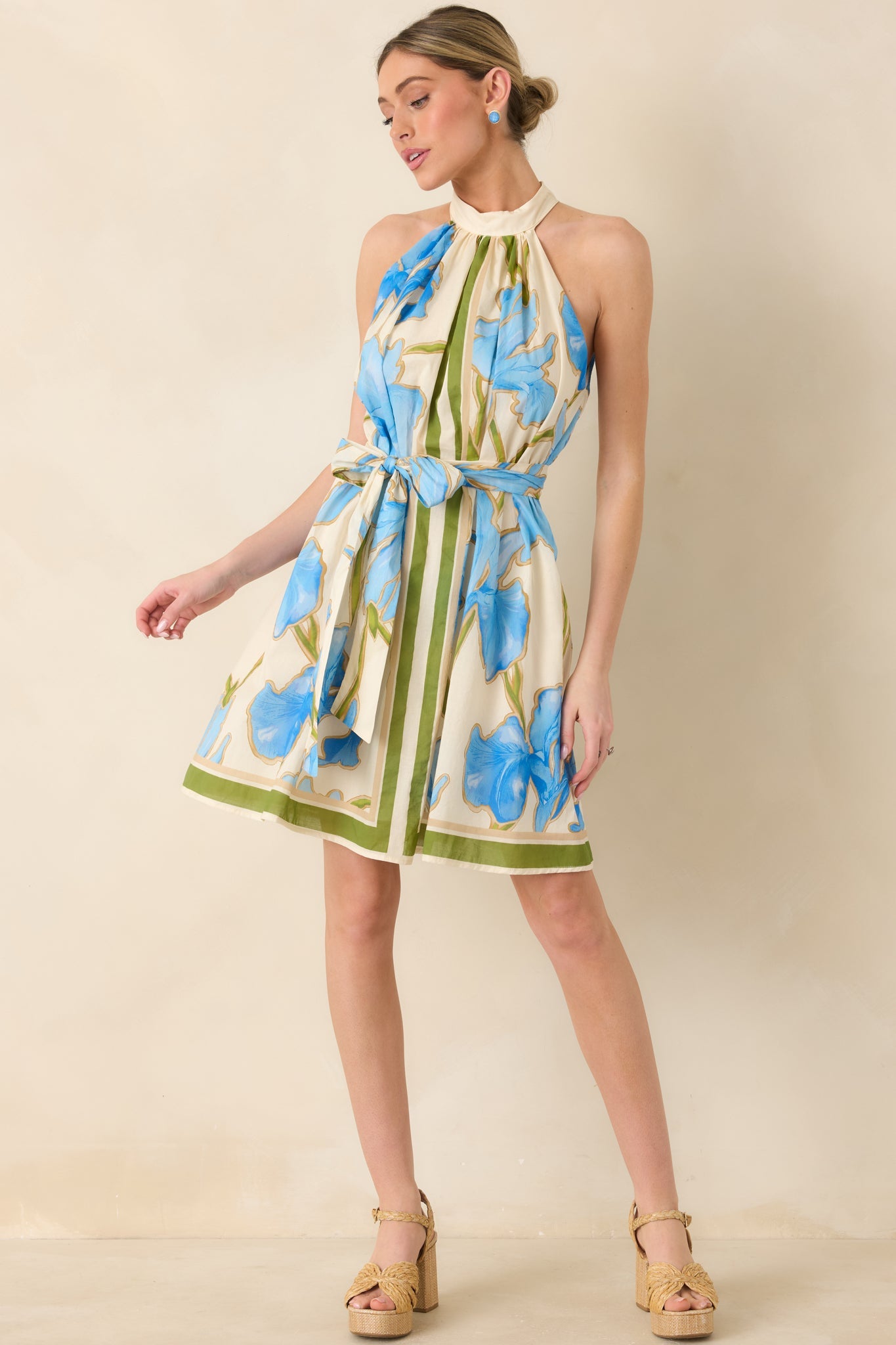 A Moment Like This Blue Multi Floral Cotton Halter Mini Dress