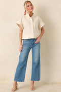 Pretty In Power Natural Cotton Linen Button-Front Mock Neck Top