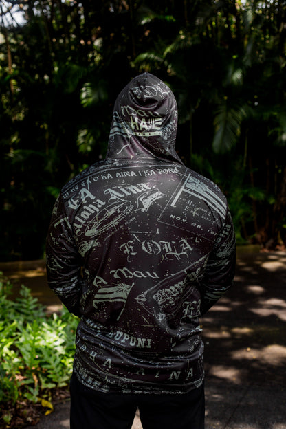 Nupepa Olelo Hawaii Hooded Long Sleeve Drifit Black