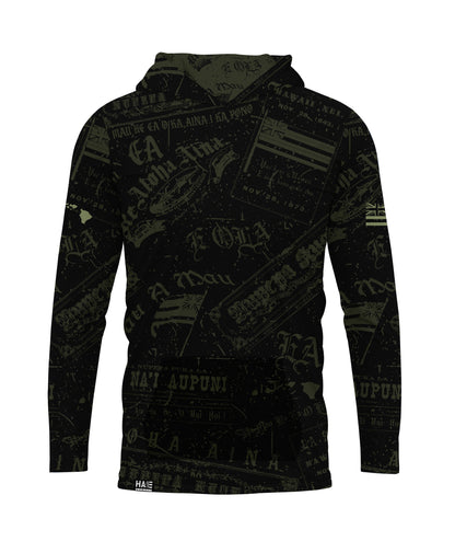 Nupepa Olelo Hawaii Hooded Long Sleeve Drifit Black