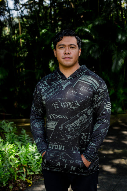 Nupepa Olelo Hawaii Hooded Long Sleeve Drifit Black