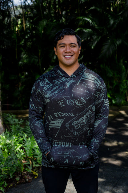 Nupepa Olelo Hawaii Hooded Long Sleeve Drifit Black