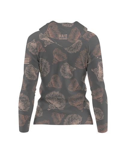 Ohia Lehua Wahine V-Neck Hooded Longsleeve Drifit Gray