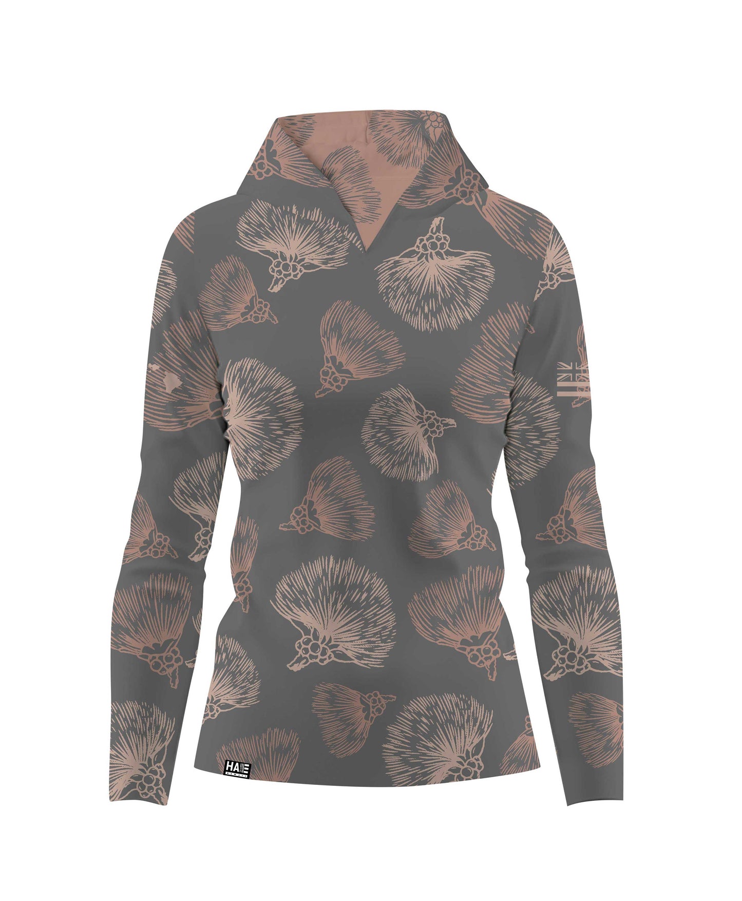 Ohia Lehua Wahine V-Neck Hooded Longsleeve Drifit Gray