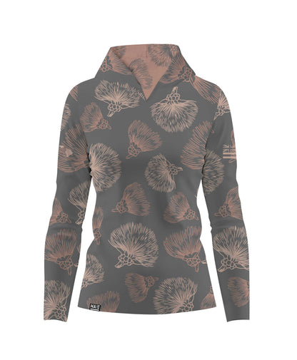 Ohia Lehua Wahine V-Neck Hooded Longsleeve Drifit Gray