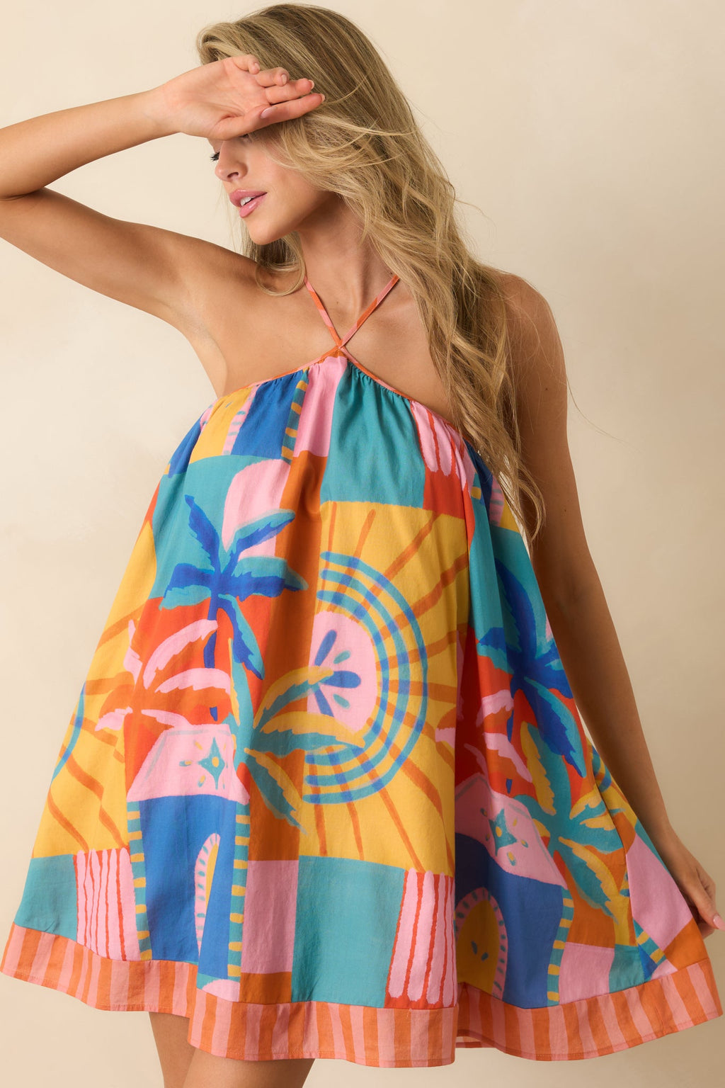 Paradisa Ithica Multi Tropical Mosaic Cotton Halter Swing Mini Dress