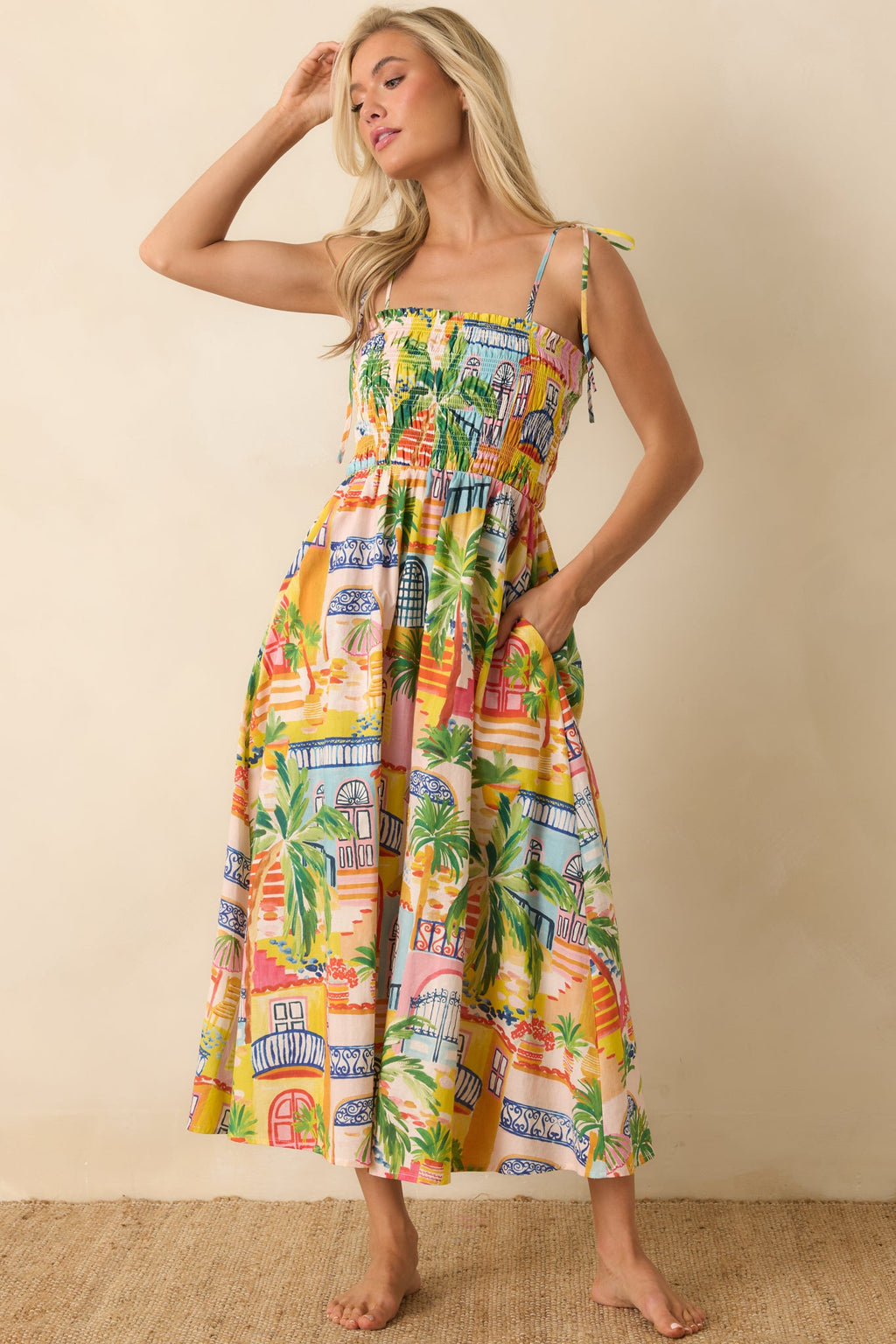 Paradisa Havana Multi Coastal Village Print Cotton Midi Dress