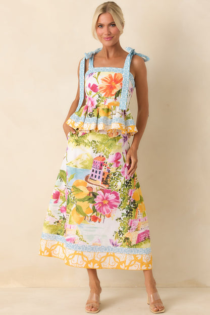 Prosperina Harley Multi Linen Blend Floral Print Peplum Top
