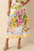 Prosperina River Multi Linen Blend Scenic Coastal Print Midi Skirt