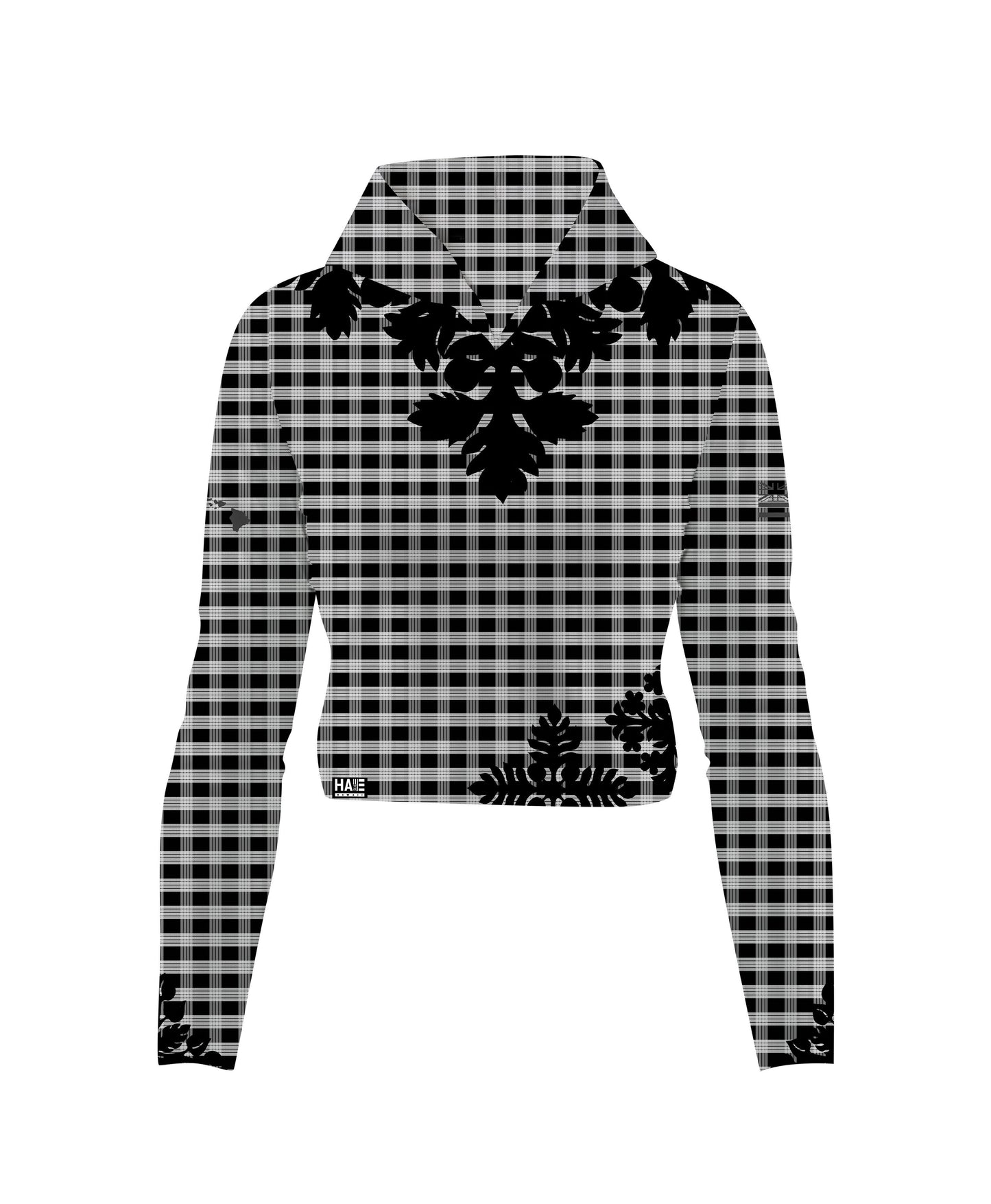 Palaka Kuiki Wahine V-Neck Hooded Crop Longsleeve Drifit Black