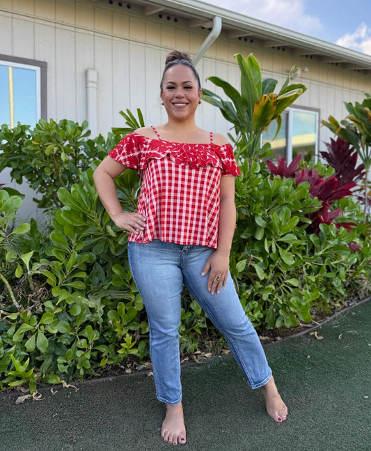 Palaka Kuiki Cold Shoulder Top Lehua Red