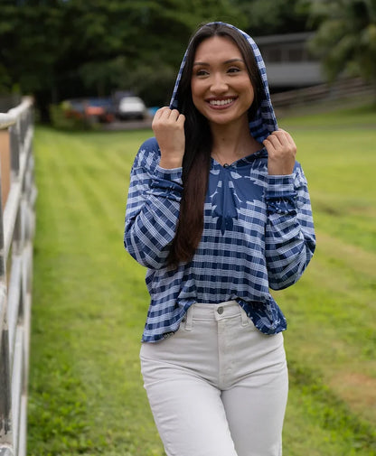 Palaka Kuiki Wahine V-Neck Hooded Crop Longsleeve Drifit Navy