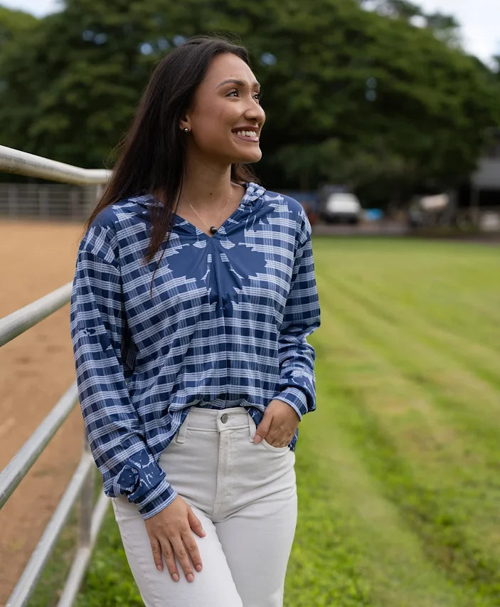 Palaka Kuiki Wahine V-Neck Hooded Crop Longsleeve Drifit Navy