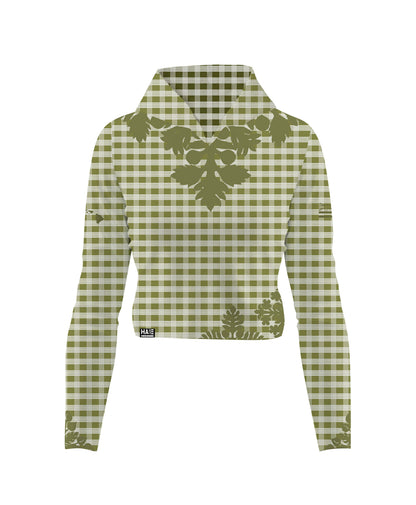 Palaka Kuiki Wahine V-Neck Hooded Crop Longsleeve Drifit Olive Green