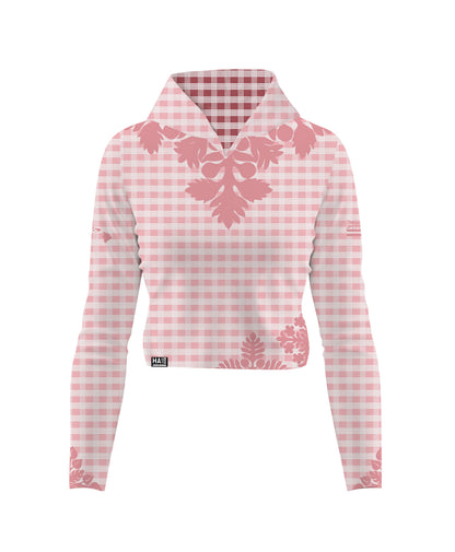 Palaka Kuiki Wahine V-Neck Hooded Crop Longsleeve Drifit Pink