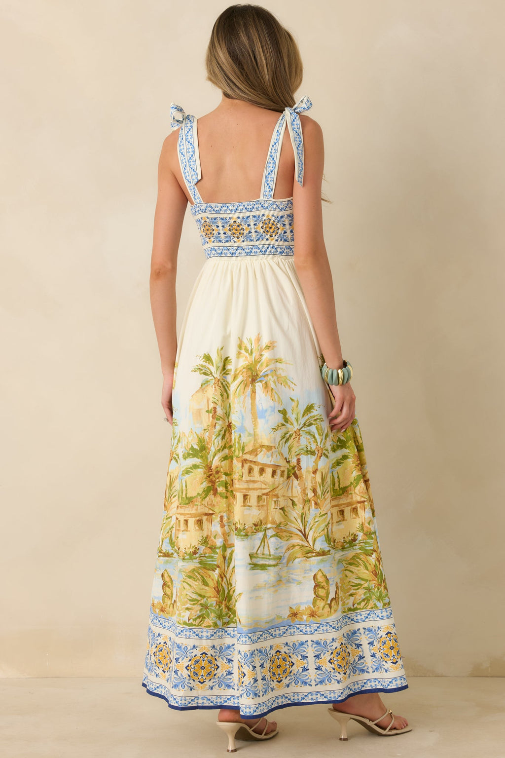 Paradise in Sunlight Ivory Multi Tie-Strap Cotton Maxi Dress