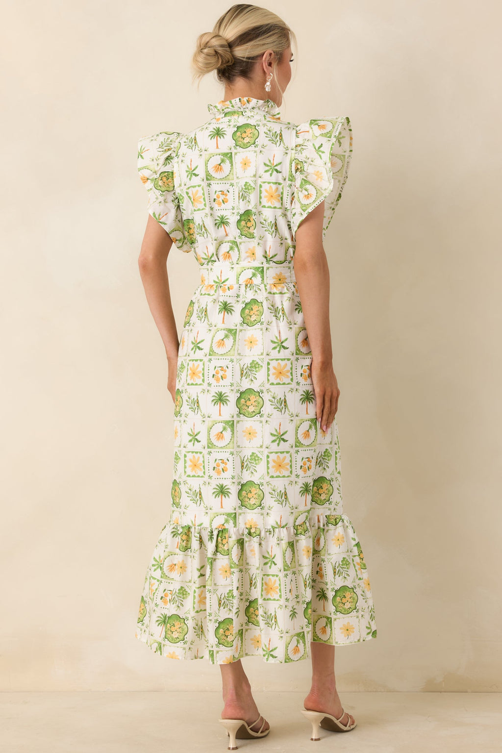 Somewhere Sunny Green Multi Cotton Ruffle Maxi Dress