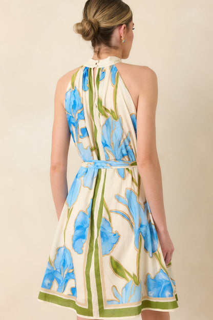 A Moment Like This Blue Multi Floral Cotton Halter Mini Dress