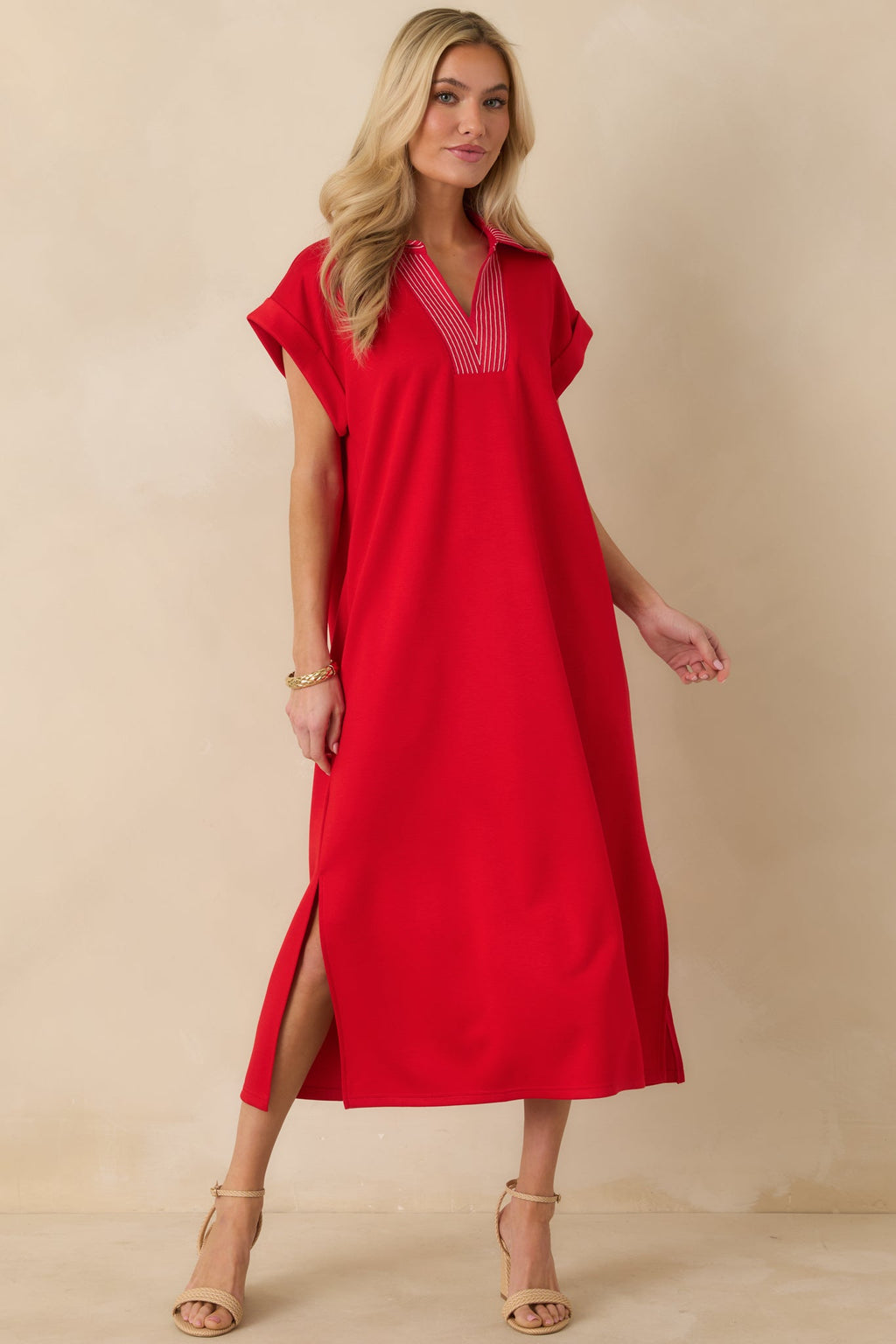 Let It Play Out Red Knit Contrast Detail V-Neck Short Sleeve Midi Dress