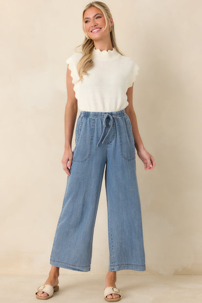 Wherever You’re Going Medium Wash Denim Wide Leg Drawstring Pants