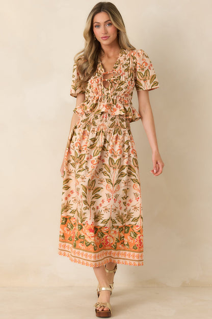 Bloom With Me Peach & Meadow Green Floral Smocked Cotton Top