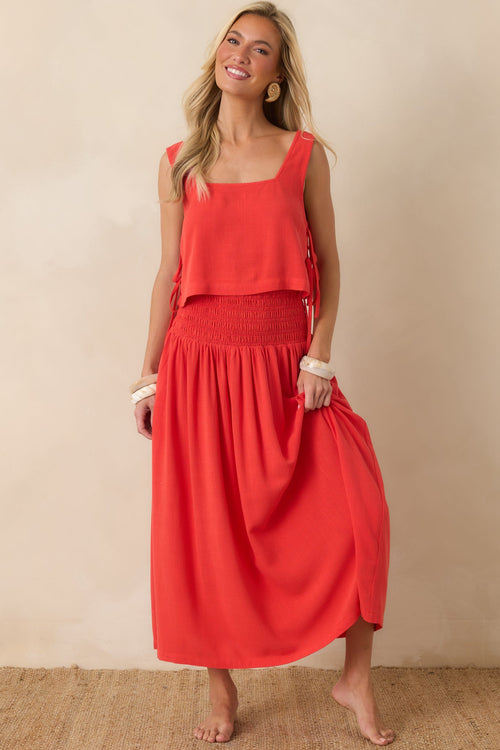 Paradisa Calista Sangria Red Linen Blend Side-Tie Crop Top