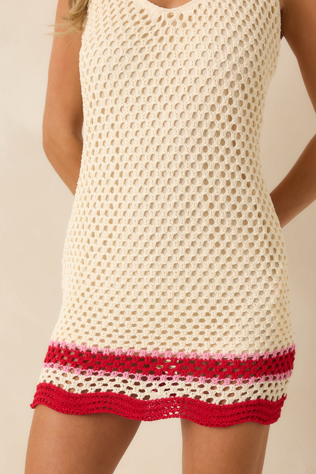 MINKPINK Elva Ivory & Red Stripe Crochet Halter Mini Dress