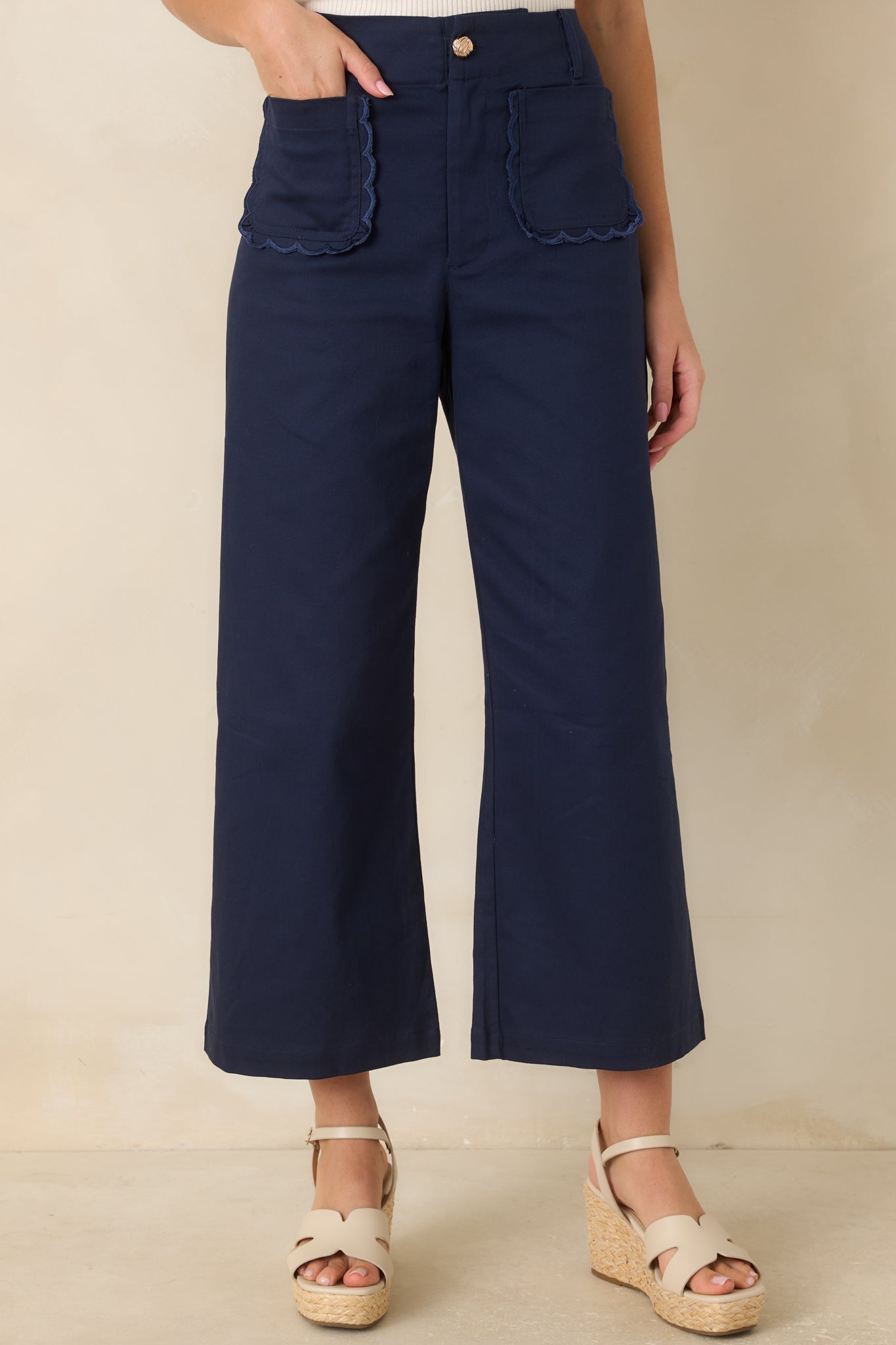 Prosperina Miller Navy Cotton Scalloped Pocket Pants