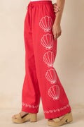 Sea You Soon Red Cotton Blend Shell Embroidered Wide Leg Pants