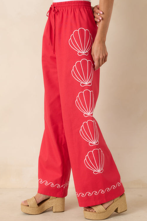 Sea You Soon Red Cotton Blend Shell Embroidered Wide Leg Pants