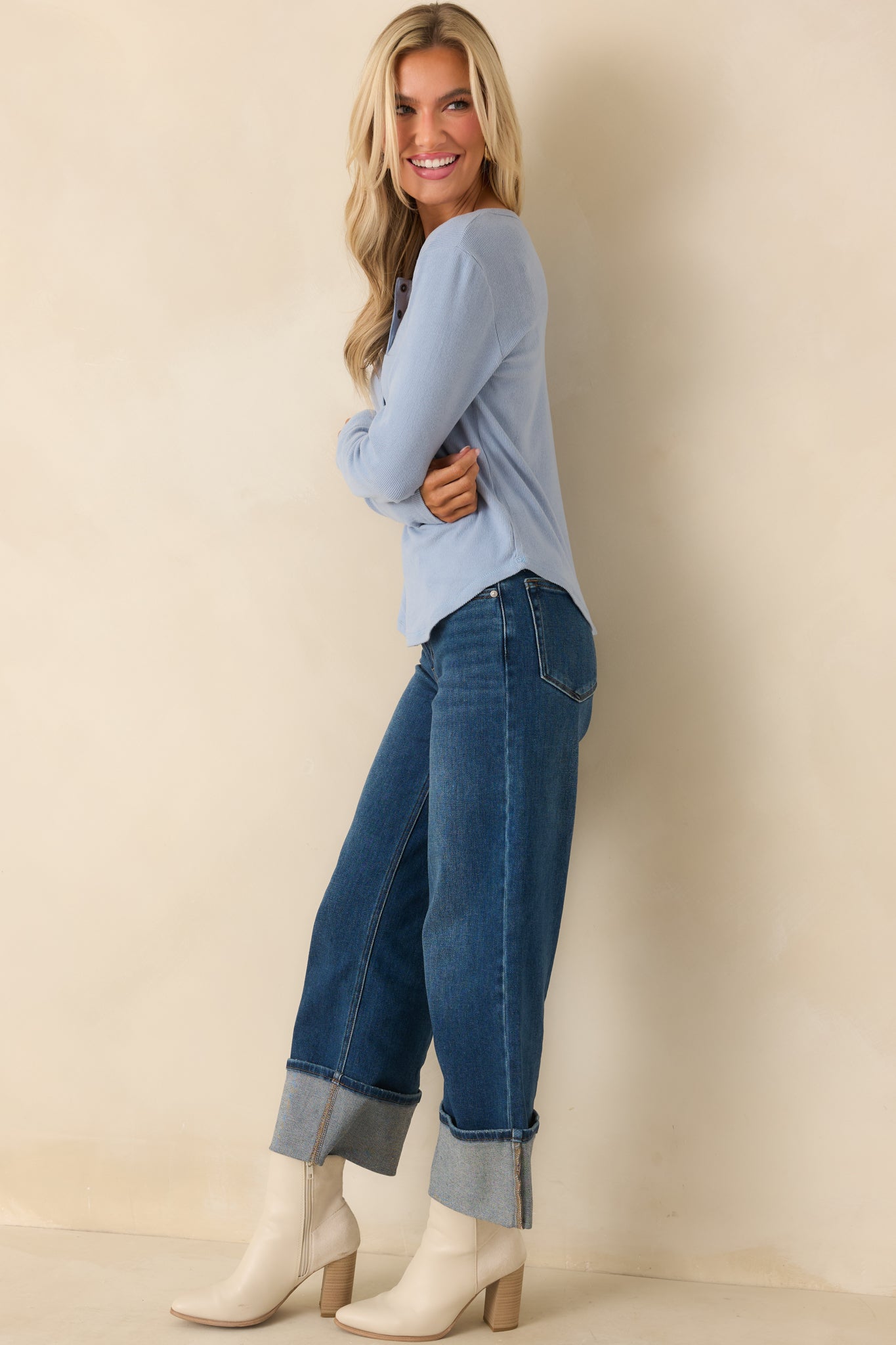 Meant For Today Sky Blue Ribbed Knit Long Sleeve Henley Top