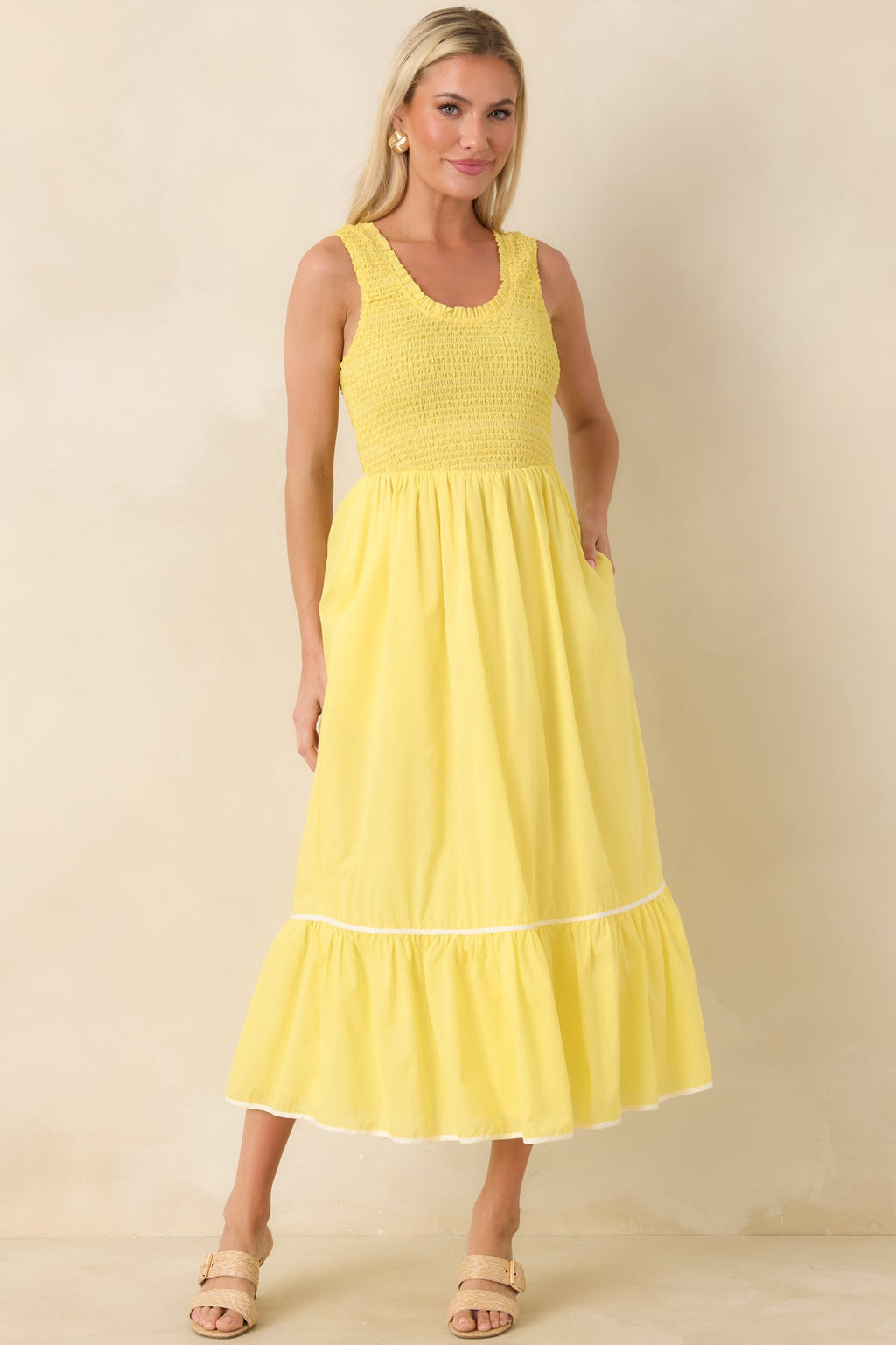 Today’s the Day Yellow Textured Cotton Tiered Midi Dress