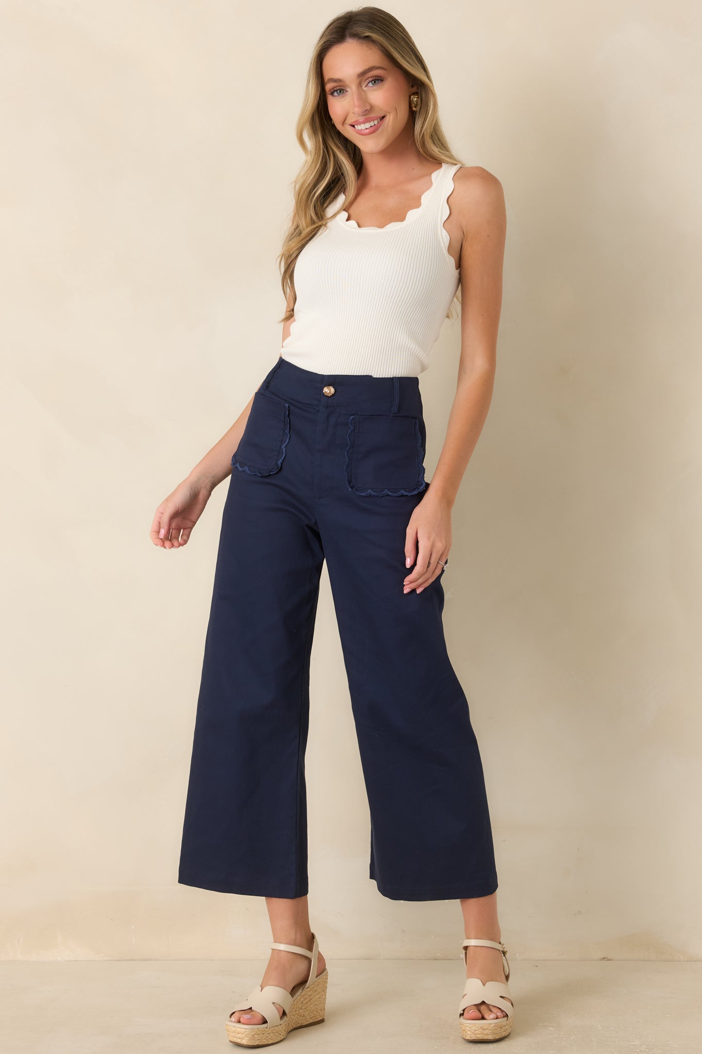 Prosperina Miller Navy Cotton Scalloped Pocket Pants