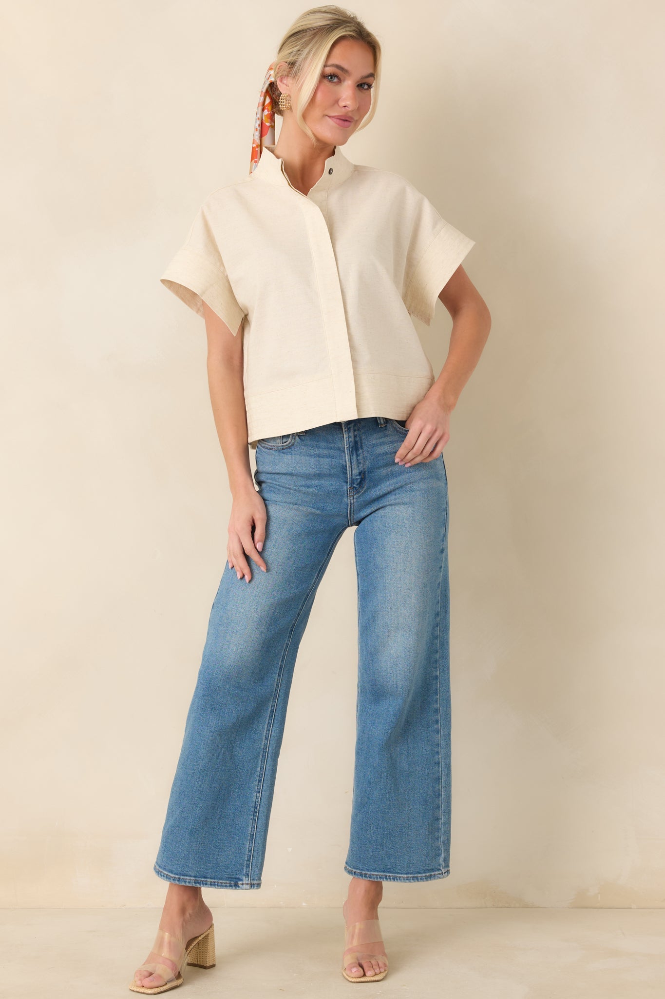 Pretty In Power Natural Cotton Linen Button-Front Mock Neck Top