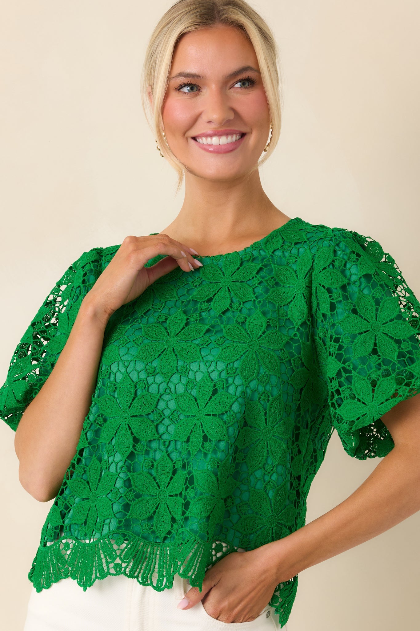 All the Attention Green Floral Lace Short Sleeve Top