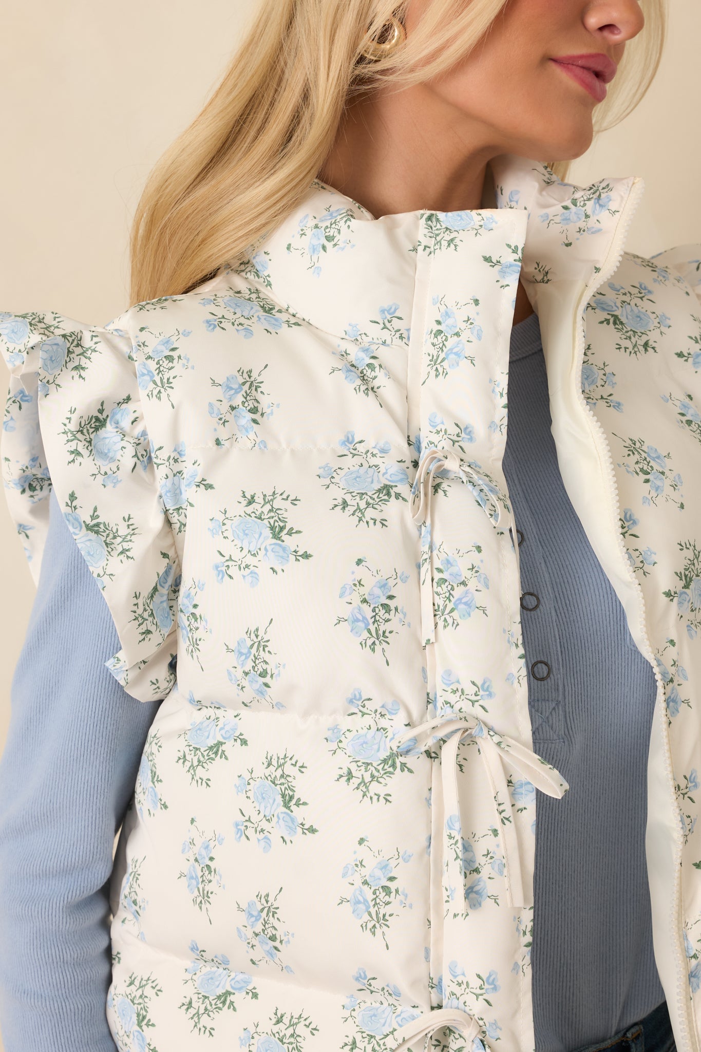 Glad You’re Here Ivory Multi Floral Pattern Puffer Vest