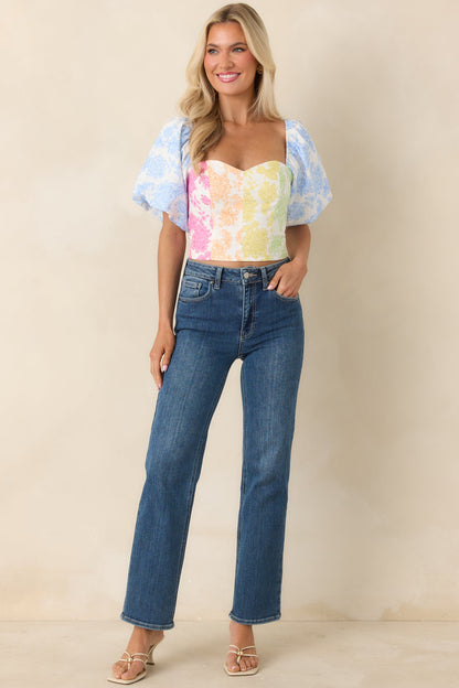 She’s a Rainbow Multi Floral Cotton Linen Cropped Top
